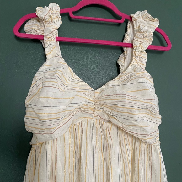 GAP- midi dress sleeveless tiered metallic stripe cotton blend puff strap ruched - Picture 5 of 16